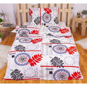 Krepové povlečení kapradí šedo-červené 140x200+70x90