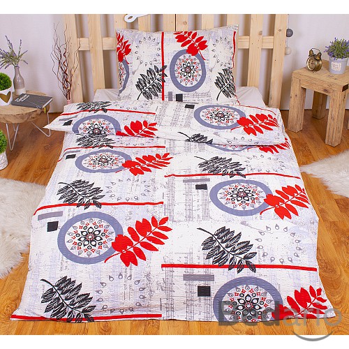 Krepové povlečení kapradí šedo-červené 140x200+70x90