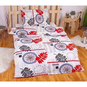 Krepové povlečení kapradí šedo-červené 140x200+70x90