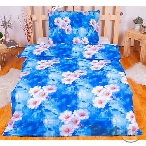 Krepové povlečení květiny modré 140x200+70x90