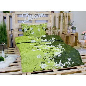 Krepové povlečení květy zelené 140x200+70x90