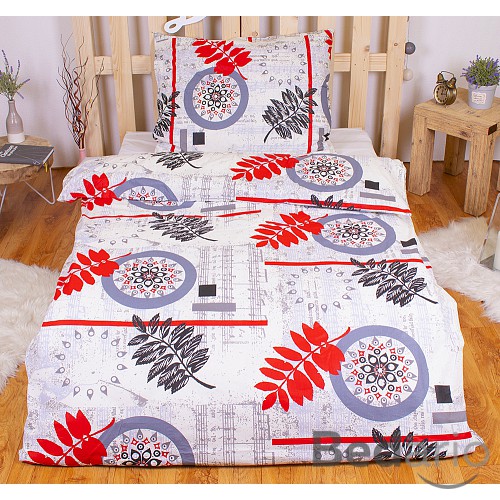 Bavlněné povlečení kapradí šedo-červené 140x200+70x90