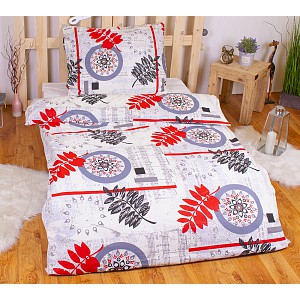 Bavlněné povlečení kapradí šedo-červené 140x200+70x90