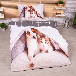 3D povlečení 140x200+70x90 Pes a kočka