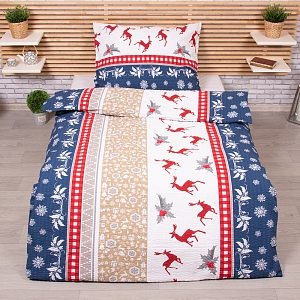 Krepové povlečení 140x200+70x90 s vánočním motivem - Jelen a jalovec