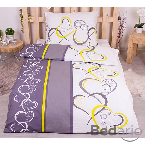 Prodloužené bavlněné povlečení 140x220+70x90 Srdce žluto-zelená