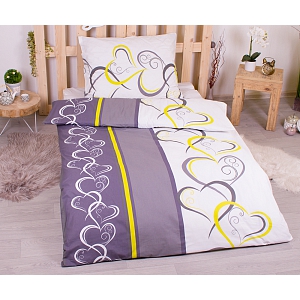 Prodloužené bavlněné povlečení 140x220+70x90 Srdce žluto-zelená