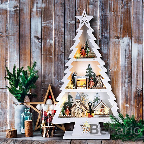 Solight LED dřevěný vánoční stromek s dekoracemi, 13x LED, bílá, 53cm, 2x AA