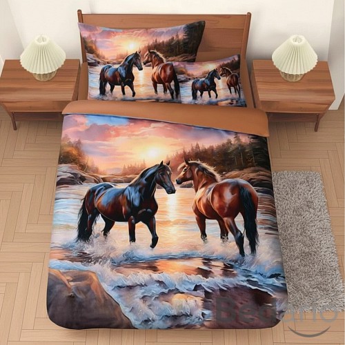 Třídílná sada 3D povlečení 140x200+70x90+45x45 Koně při soumraku