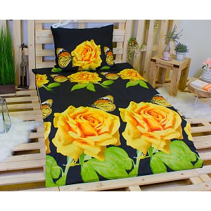 3D povlečení na dvě lůžka 140x200+70x90 Žluté růže s motýlkem