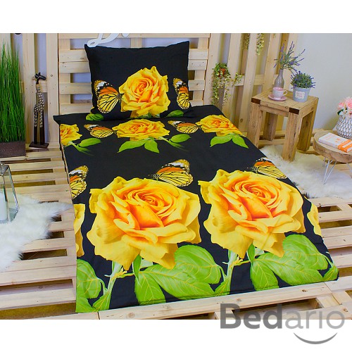 3D povlečení na dvě lůžka 140x200+70x90 Žluté růže s motýlkem