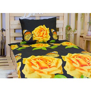 3D povlečení na dvě lůžka 140x200+70x90 Žluté růže s motýlkem