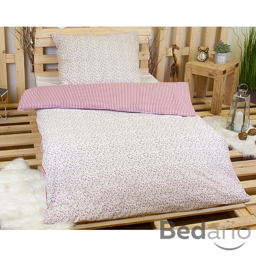 Bavlněné povlečení 140x200+70x90 Květinky s proužkem červené