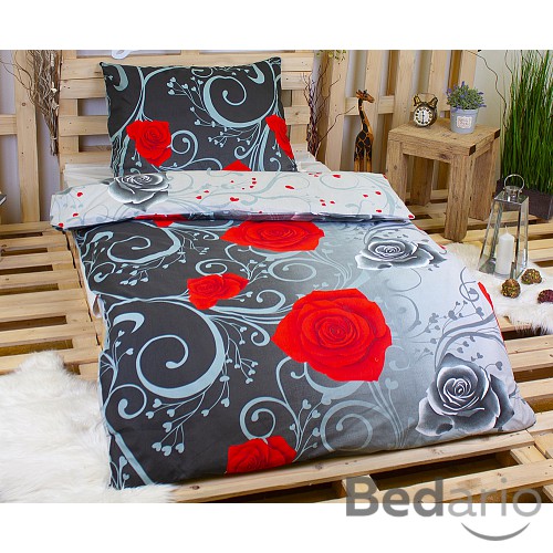 Bavlněné povlečení 140x200+70x90 Ornament s růžemi šedý