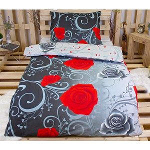 Bavlněné povlečení 140x200+70x90 Ornament s růžemi šedý