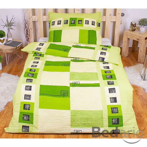 Krepové povlečení 140x200+70x90 Čtvercové spirály zelené