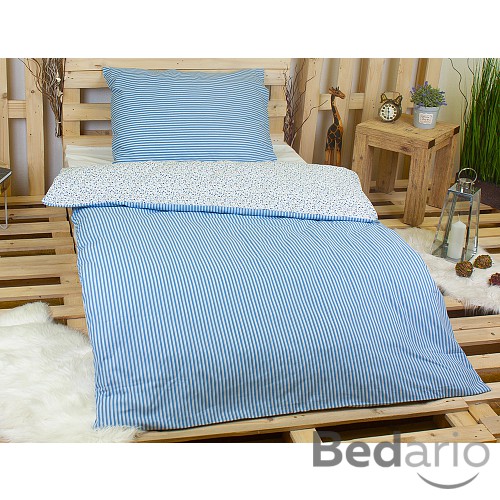 Bavlněné povlečení 140x220+70x90 Květinky s proužkem modré