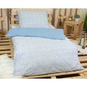 Bavlněné povlečení 140x220+70x90 Květinky s proužkem modré