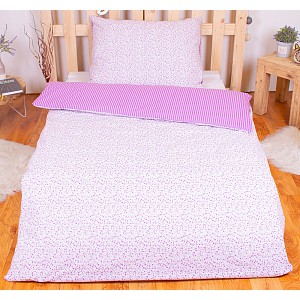 Krepové povlečení DELUXE 140x200+70x90 kvítek-pruh fialový