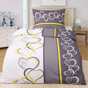 Bavlněné povlečení Deluxe 140x200+70x90 Srdce žluto-zelená