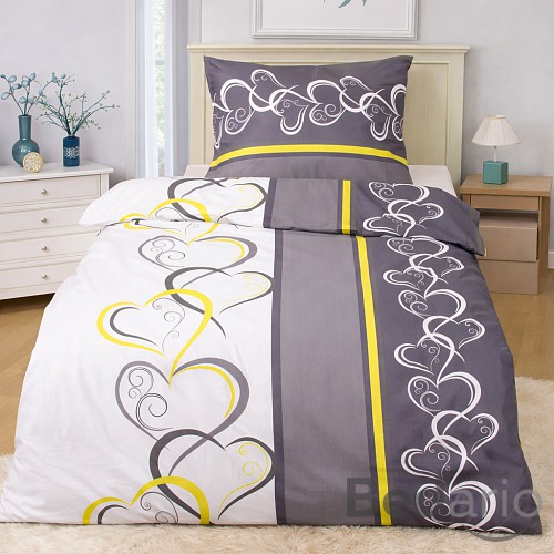 Bavlněné povlečení Deluxe 140x200+70x90 Srdce žluto-zelená