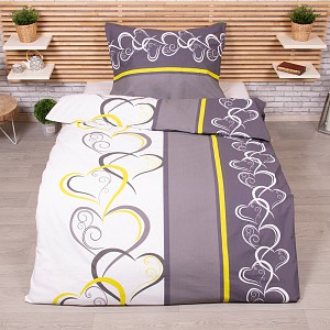 Bavlněné povlečení Deluxe 140x200+70x90 Srdce žluto-zelená