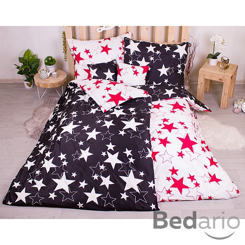 Sedmidílná sada hebkého povlečení 140x200+70x90 Black & White Red Stars