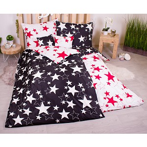 Sedmidílná sada hebkého povlečení 140x200+70x90 Black & White Red Stars