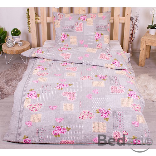 Krepové povlečení 140x200+70x90 Růže šedo-růžové