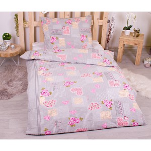 Krepové povlečení 140x200+70x90 Růže šedo-růžové