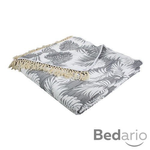 Prošívaný dekorační přehoz s třásněmi 240x260 Tropical Leaves Grey