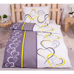 Krepové povlečení 140x200+70x90 Srdce žluto-zelená