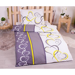 Krepové povlečení 140x200+70x90 Srdce žluto-zelená