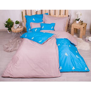 Sedmidílná sada hebkého jednobarevného povlečení 140x200+70x90 Blue and Mini Horses