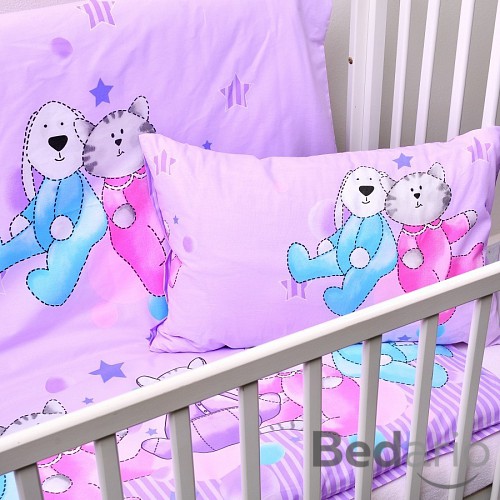 Dětské bavlněné povlečení 100x135+40x60 - Pejsek s kočičkou fialový