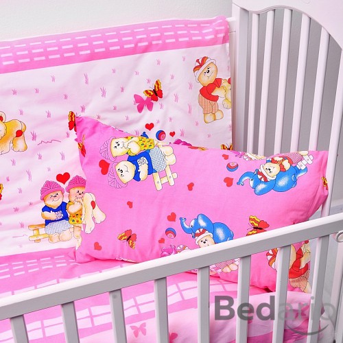 Dětské bavlněné povlečení 100x135+40x60 - Šťastní medvídci - růžová