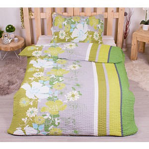 Krepové povlečení PREMIUM 140x200+70x90 Rozkvetlý pruh zelený