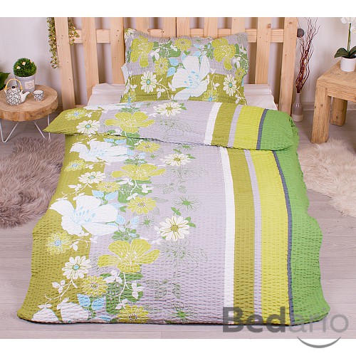 Krepové povlečení PREMIUM 140x200+70x90 Rozkvetlý pruh zelený