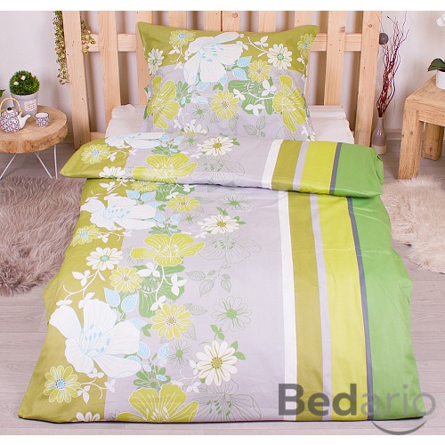 Polybavlna povlečení PREMIUM 140x200+70x90 Rozkvetlý pruh zelený