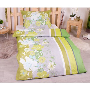 Polybavlna povlečení PREMIUM 140x200+70x90 Rozkvetlý pruh zelený