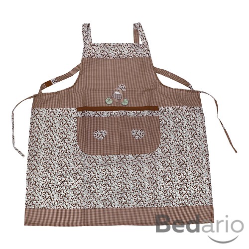 Kuchyňská zástěra s květinovým vzorem a jemnými kostičkami - Hnědá