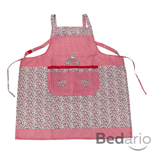 Kuchyňská zástěra s květinovým vzorem a jemnými kostičkami - Červená