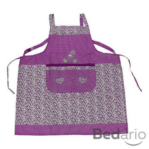 Kuchyňská zástěra s květinovým vzorem a jemnými kostičkami - Fialová