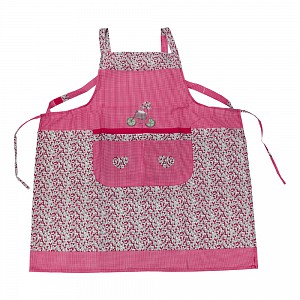 Kuchyňská zástěra s květinovým vzorem a jemnými kostičkami - Růžová