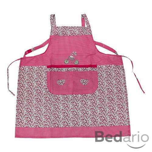 Kuchyňská zástěra s květinovým vzorem a jemnými kostičkami - Růžová