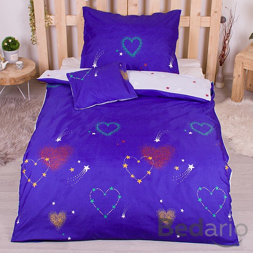 Třídílná sada hebkého povlečení 140x200+70x90+40x50 srdcové hvězdy - modrá