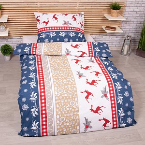 Bavlněné povlečení 140x200+70x90 s vánočním motivem - Jelen a jalovec