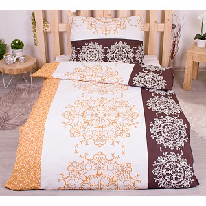 Prodloužené bavlněné povlečení 140x220+70x90 Ornamenty jantarovo-hnědá